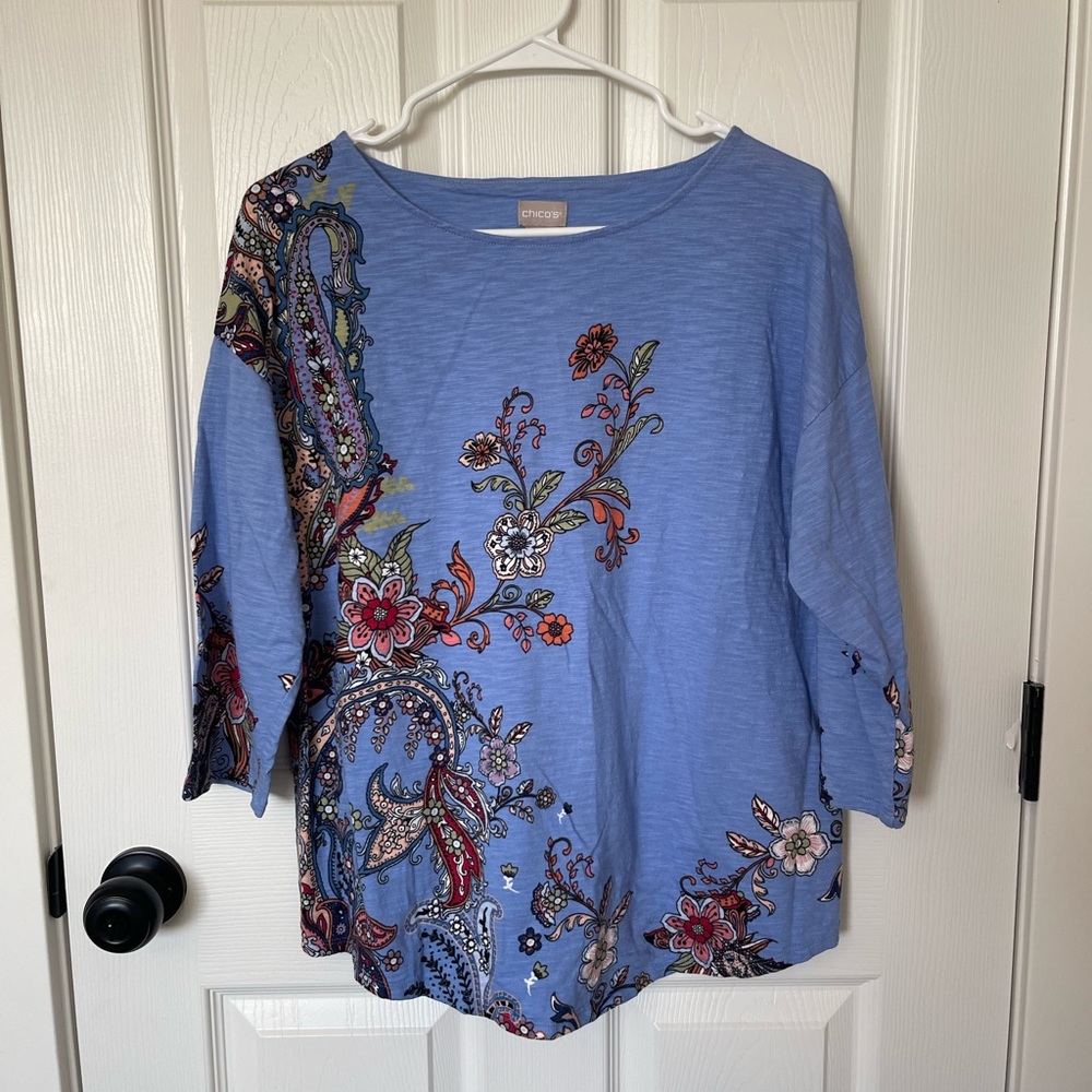 Chico's | Mid Sleeve Blouse | Blue with Floral Design | NWOT | Size 1